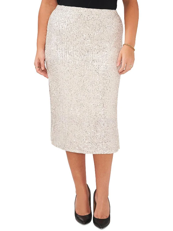 Plus Womens Sequined Side Slit Midi Skirt