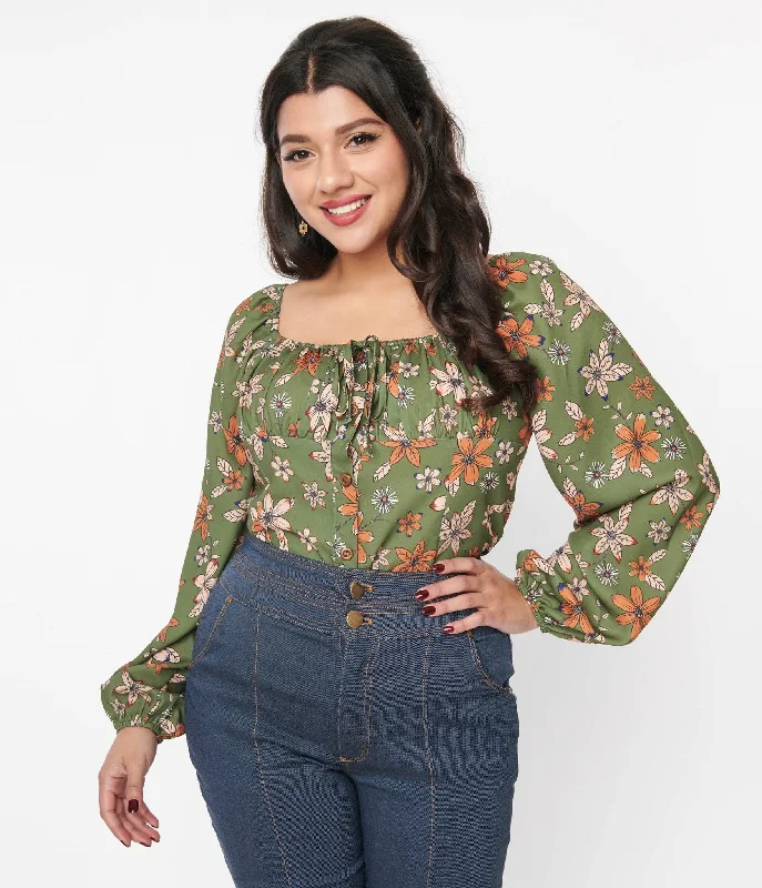 Voodoo Vixen Olive Green Modern Floral Long Sleeve Top