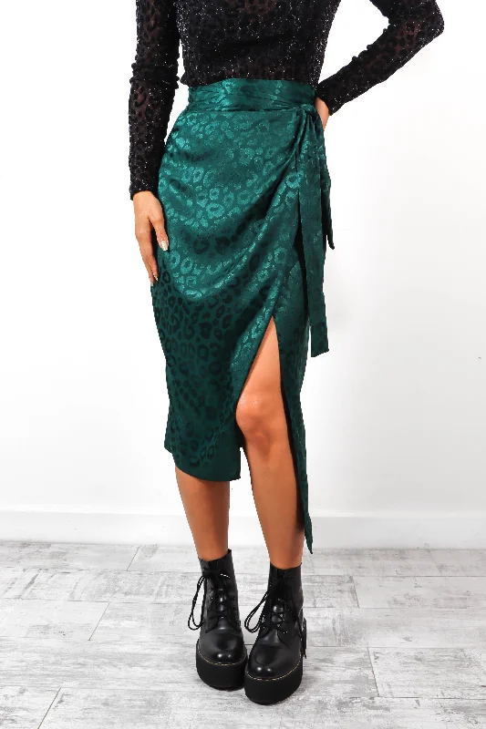 Wrap You Up - Green Leopard Jacquard Satin Wrap Tie Midi Skirt