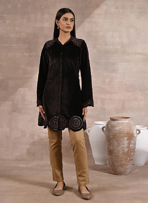 Brown Velvet Tunic with Cut Work & Hand Embroidery