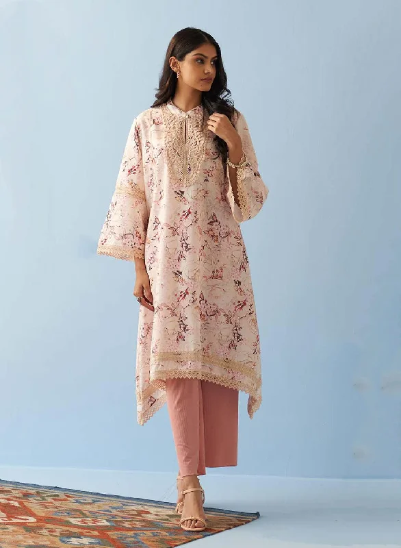 Yellow Floral Printed Loose Fit Kurta with Lace Inserts