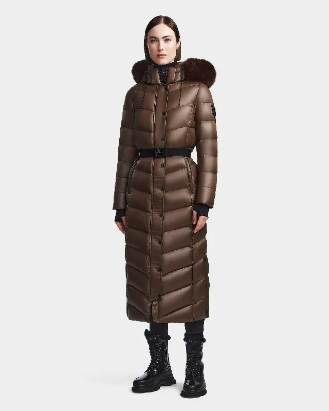 ELSIE S WOMEN'S GLOSSY BELTED MAXI DOWN PUFFER WITH REMOVABLE FAUX FUR