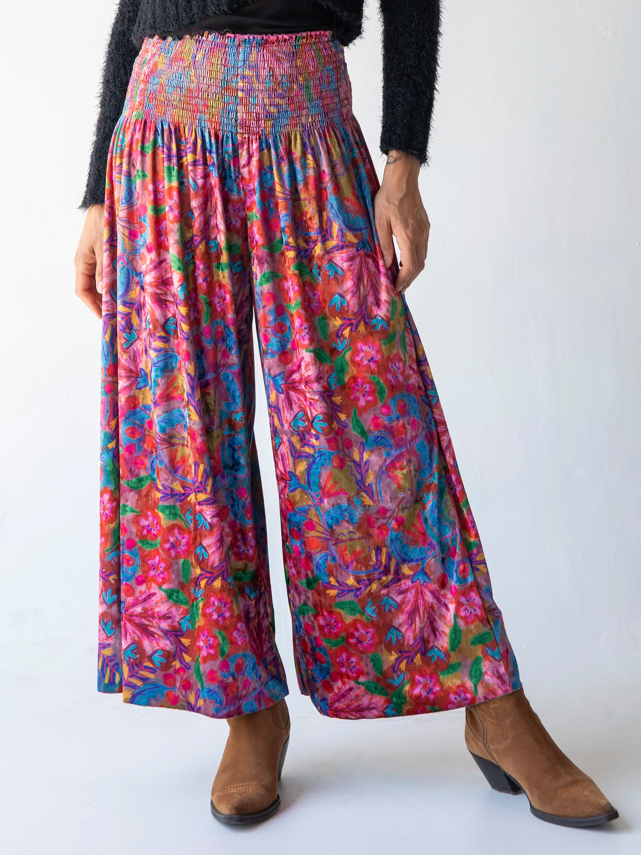 Make A Move Velvet Palazzo Pant - Pink Red Folk Floral