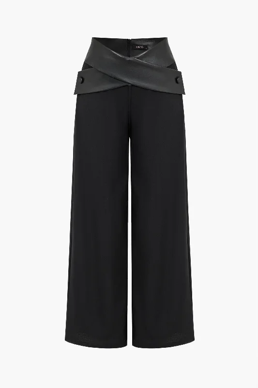 Solid Faux Leather Patchwork High Waist Crossed Pocket Trousers