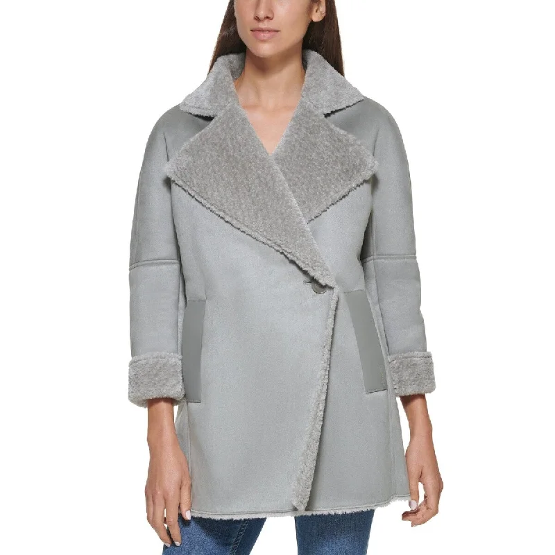 Calvin Klein Women's Pocketed Faux Leather Faux Shearling Collared Button Down Winter Jacket Coat Gray Size X-Small