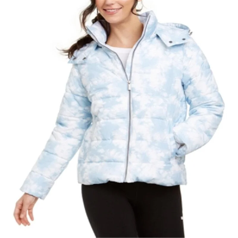 Calvin Klein Women's Printed Hooded Puffer Jacket Blue Size Medium