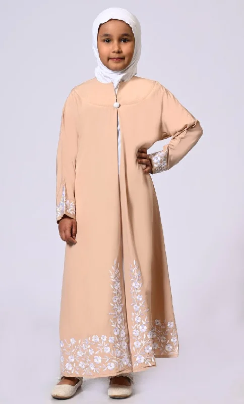 Elegant Ensemble: Girls' Sand Double Layered Embroidered Abaya with Belt