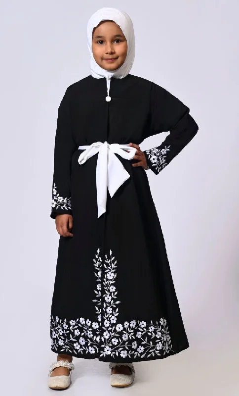 Elegant Ensemble: Girls' Black Double Layered Embroidered Abaya with Belt