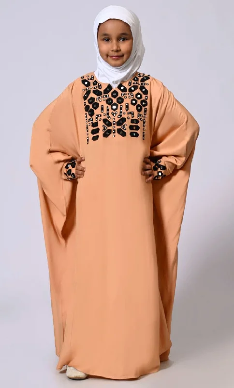 Girls Sand Kaftan Abaya with Mirror Work Embroidery and Inside Belt