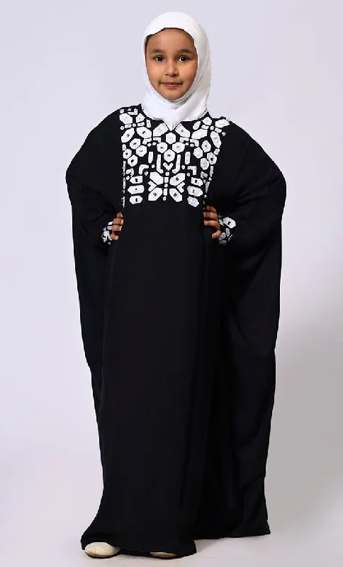 Girls Black Kaftan Abaya with Mirror Work Embroidery and Inside Belt