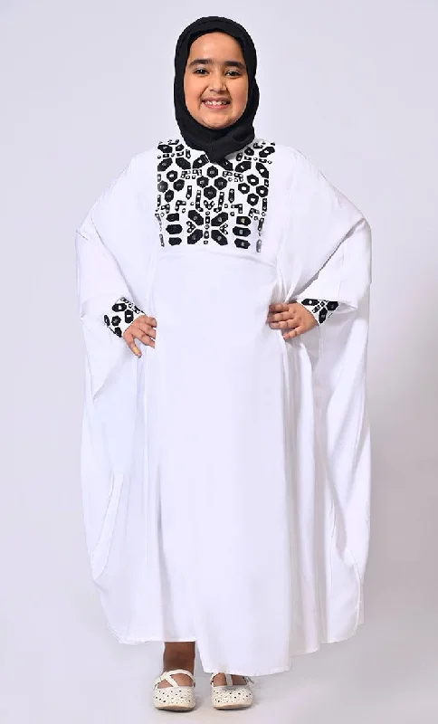 Girls White Kaftan Abaya with Mirror Work Embroidery and Inside Belt