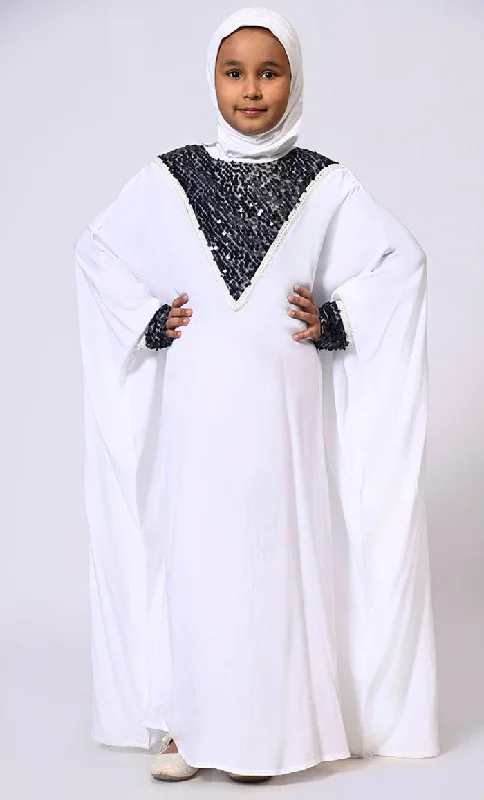 Sequin Sparkle: Stylish Girl's White Kaftan With Sequin Accents