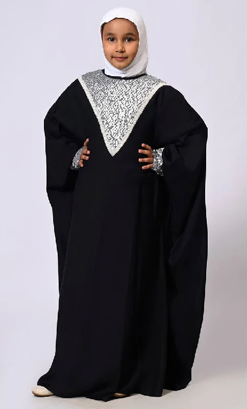 Sequin Sparkle: Stylish Girl's Black Rayon Kaftan With Sequin detailings