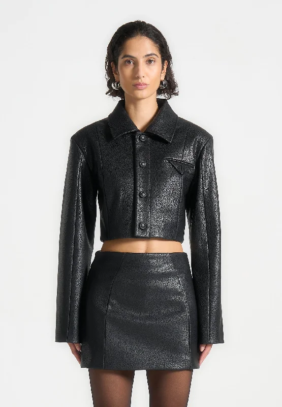 Wide Shoulder Pebbled Leather Jacket - Black