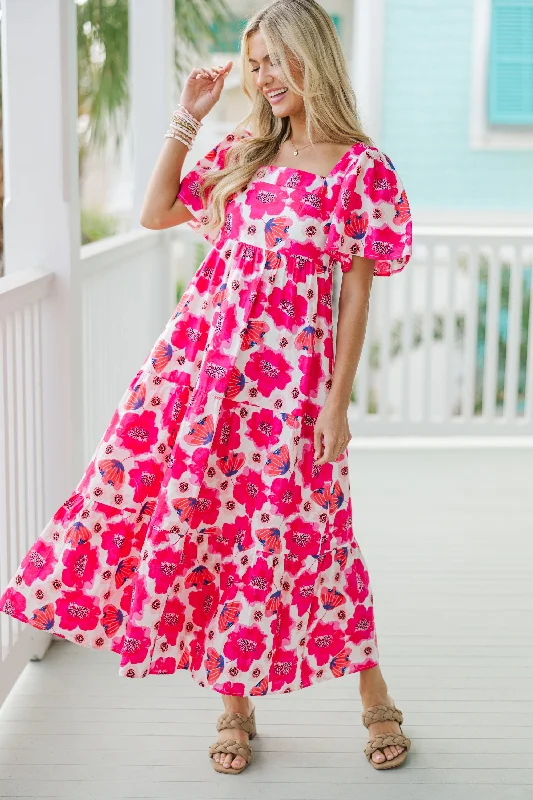 Answer The Call Hot Pink Floral Midi Dress