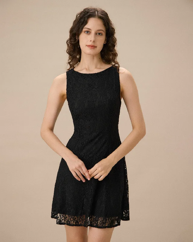 Black Lace Boat Neck Sleeveless Mini Dress