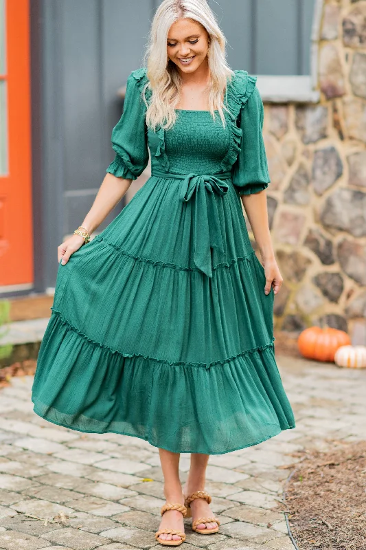 Feel Your Love Hunter Green Ruffled Midi Dress