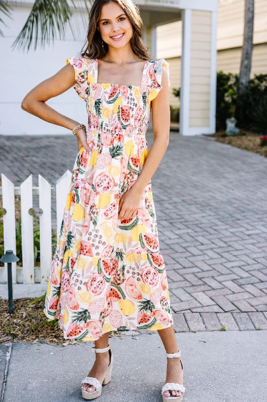 Just So Sweet Ivory Multi Fruit Print Midi Dress