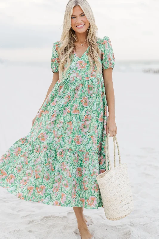 See You Soon Green Ditsy Floral Midi Dress