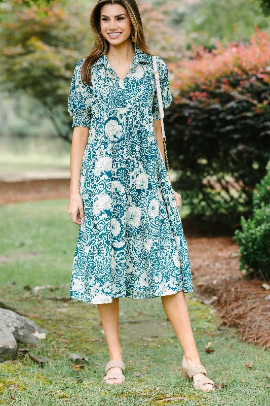 Take You There Peacock Green Abstract Midi Dress