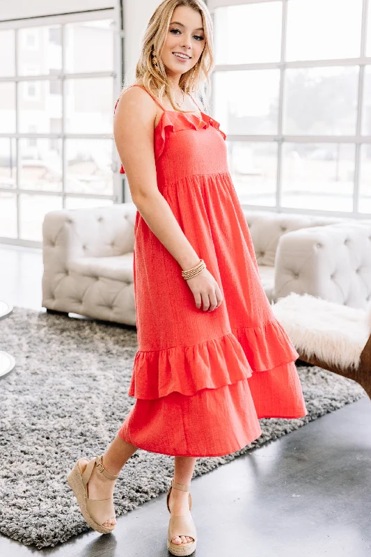 Waiting On The Sun Coral Red Midi Dress