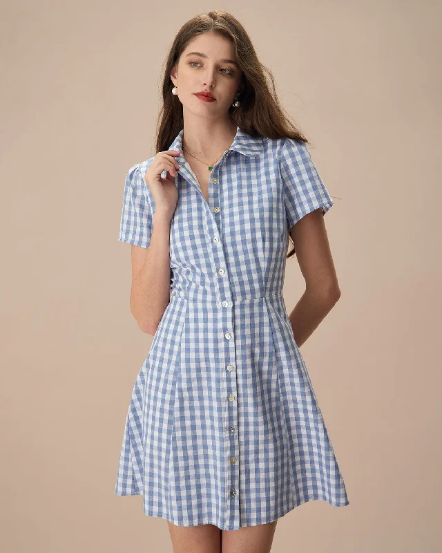 Women's Blue Plaid Lapel Cotton Mini Dress