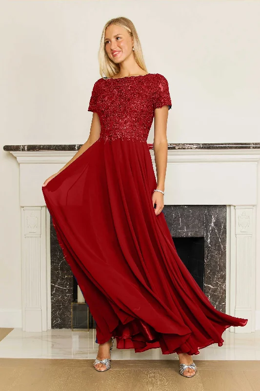 Dylan & Davids Short Sleeve Mother Of The Bride Evening Dress Burgundy