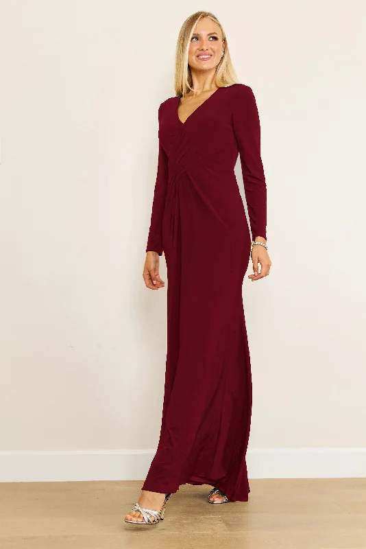 Long Formal Stretch Evening Long Sleeve Dress Burgundy