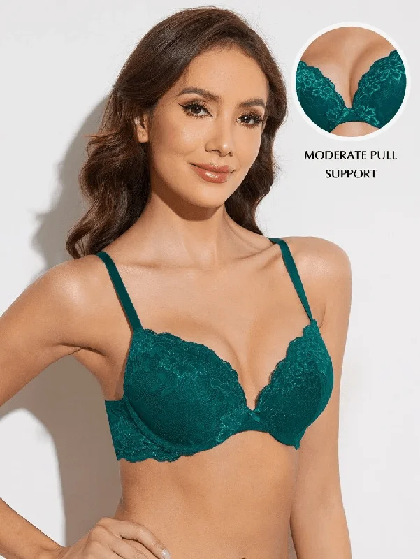 Floral Lace Push-Up Lightly Padded Demi Plunge Underwire Bra Green