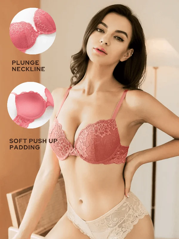 Lace Push Up Bra Lightly Padded Demi Plunge Bra Bean Red