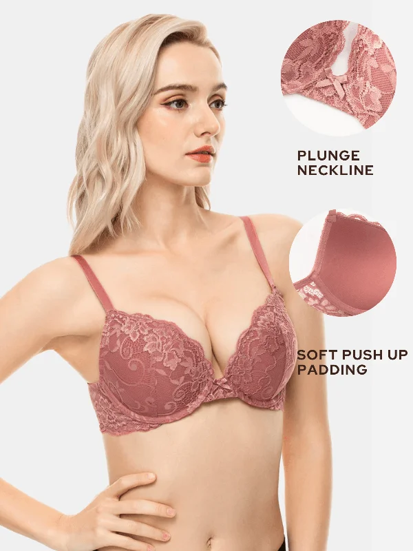 Lace Push Up Bra Lightly Padded Demi Plunge Bra Cinnabar Red