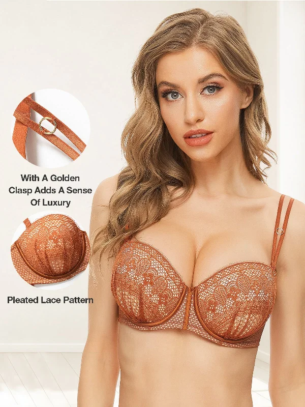 Push Up Full Figure Strapless Pleated Lace Multiway Bra Caramel