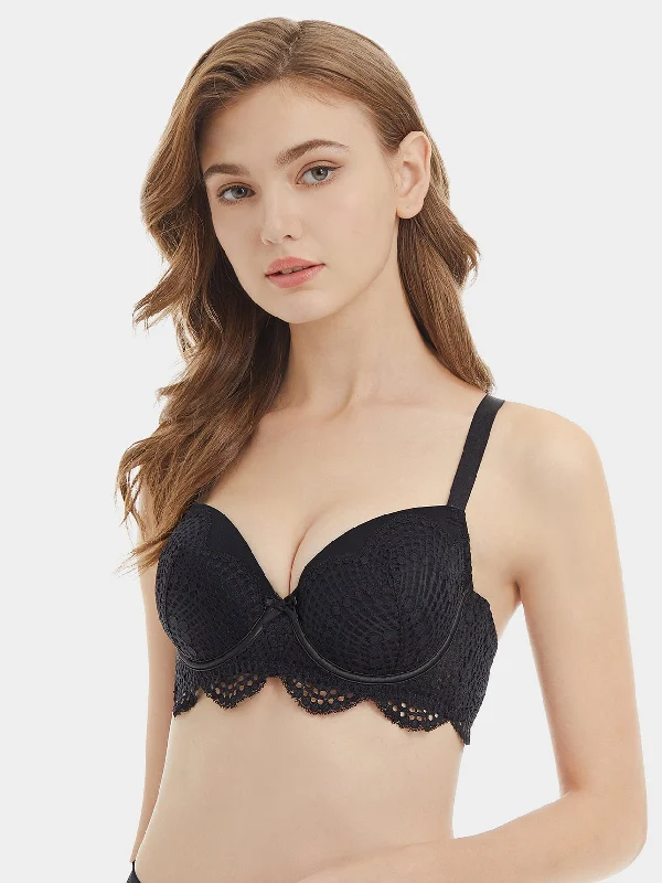 Push Up Beauty Back Underwire Balconette Lace Bra Black