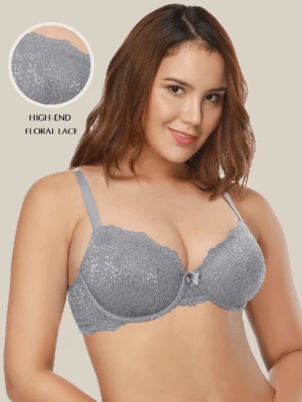 Push Up Lace Underwire Full Coverage Plus Size Bra Grey