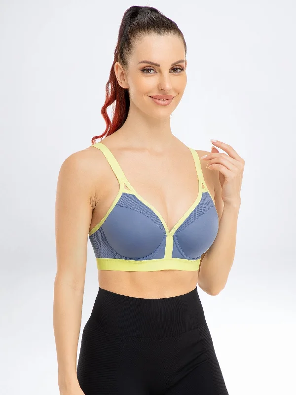 V Neck Full Figure Running Workout Bra Blue