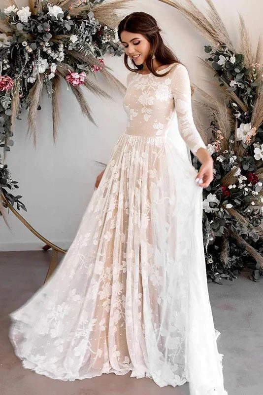 A Line 3/4 Sleeves Wedding Dresses Elegant Backless Boho Bride Dress