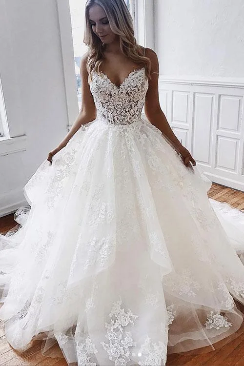 A Line Off White Sweetheart Spaghetti Straps Tulle Lace Appliques Long Wedding Dress