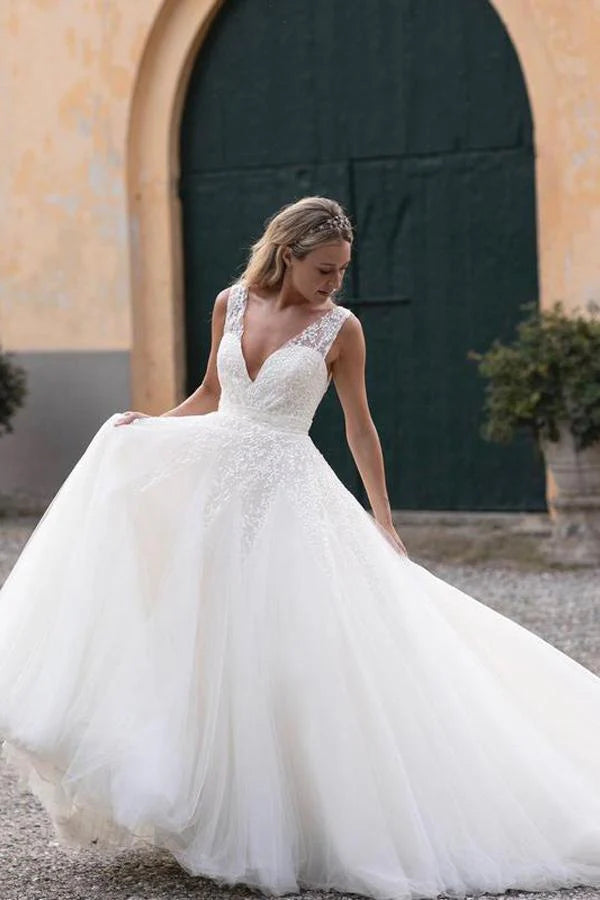 A Line Sequins Lace V Neck Chapel Train Wedding Dresses