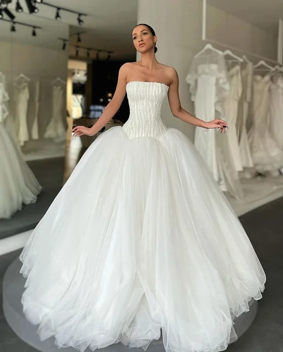 A Line Wedding Dresses for bride Strapless Pearls Beads Top Tulle Wedding Dress bridal gowns    S5105