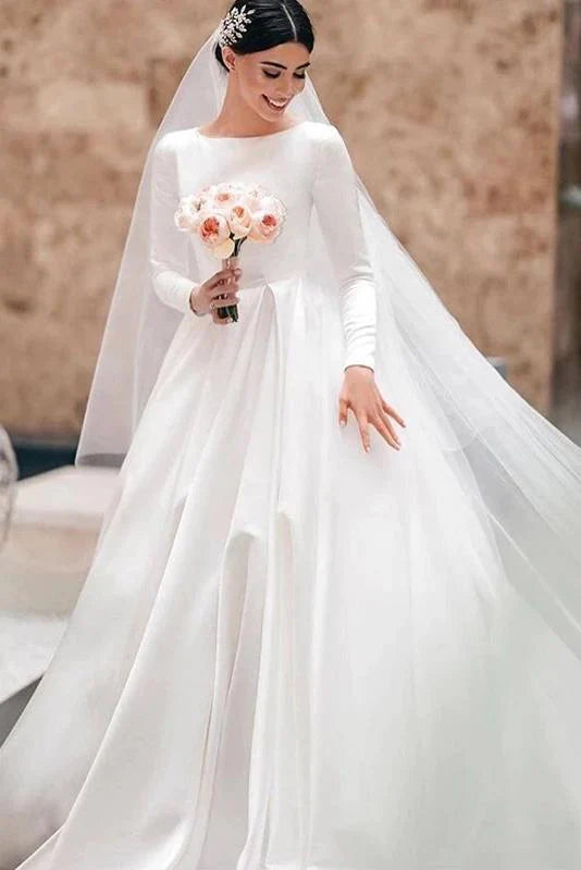 A-line Wedding Dresses Long Sleeves Satin Bridal Gowns