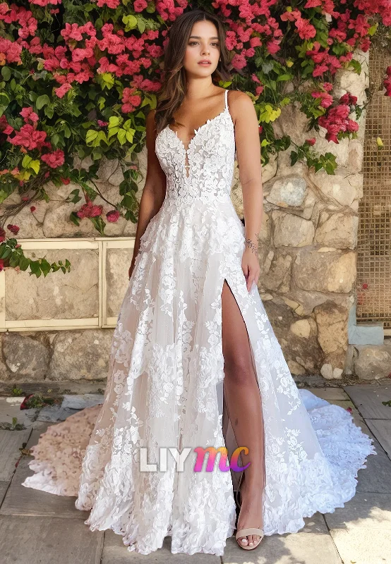 V-Neck Sleeveless Appliques High Slit A-Line Wedding Dress