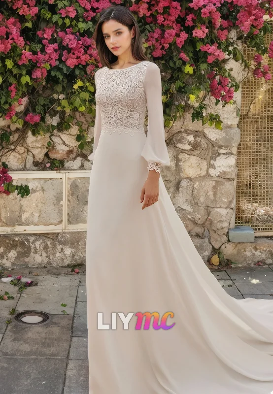 Scoop Long Sleeves Appliques A-Line Beach Wedding Dress