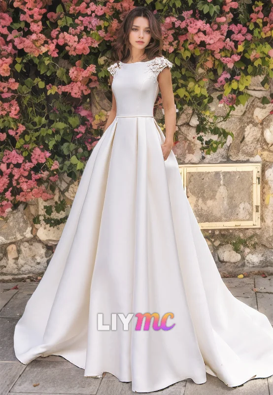 Scoop Cap Sleeves Appliques Sleek Satin Pleated A-Line Wedding Dress