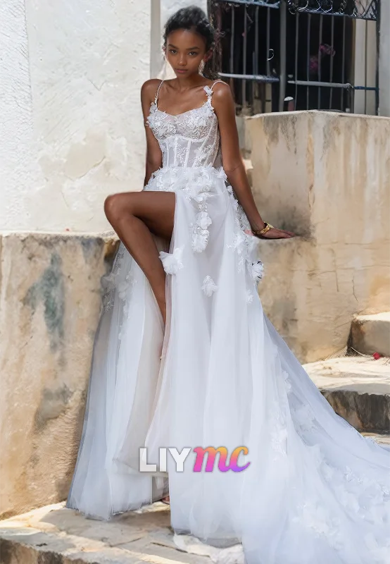 Sweetheart Sleeveless Appliques Tulle Floral Embellished A-Line Beach Wedding Dress