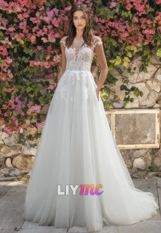 V-Neck Sleeveless Appliques Ball Gown A-Line Wedding Dress