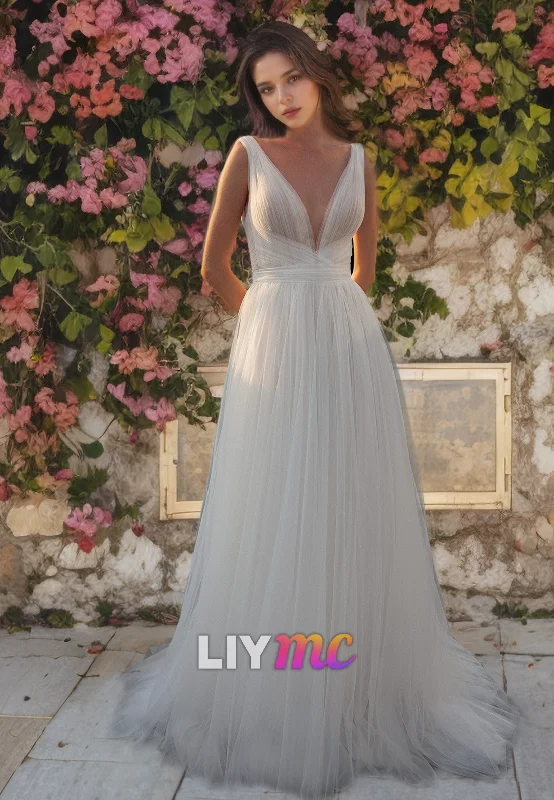 V-Neck Sleeveless Tulle A-Line Beach Wedding Dress