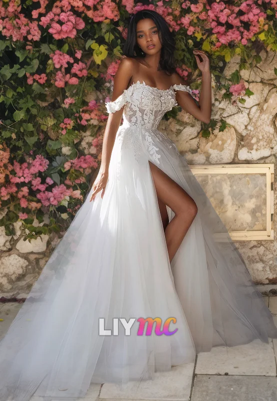 Off-Shoulder Sleeveless Appliques Ball Gown A-Line Wedding Dress