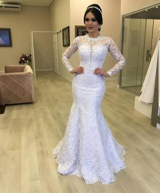 Gorgeous Lace Mermaid Wedding Dresses Bridal Gown with Long Sleeves Jewel Neck       S5126