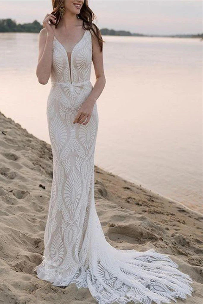 Mermaid Lace Straps Backless Wedding Dresses