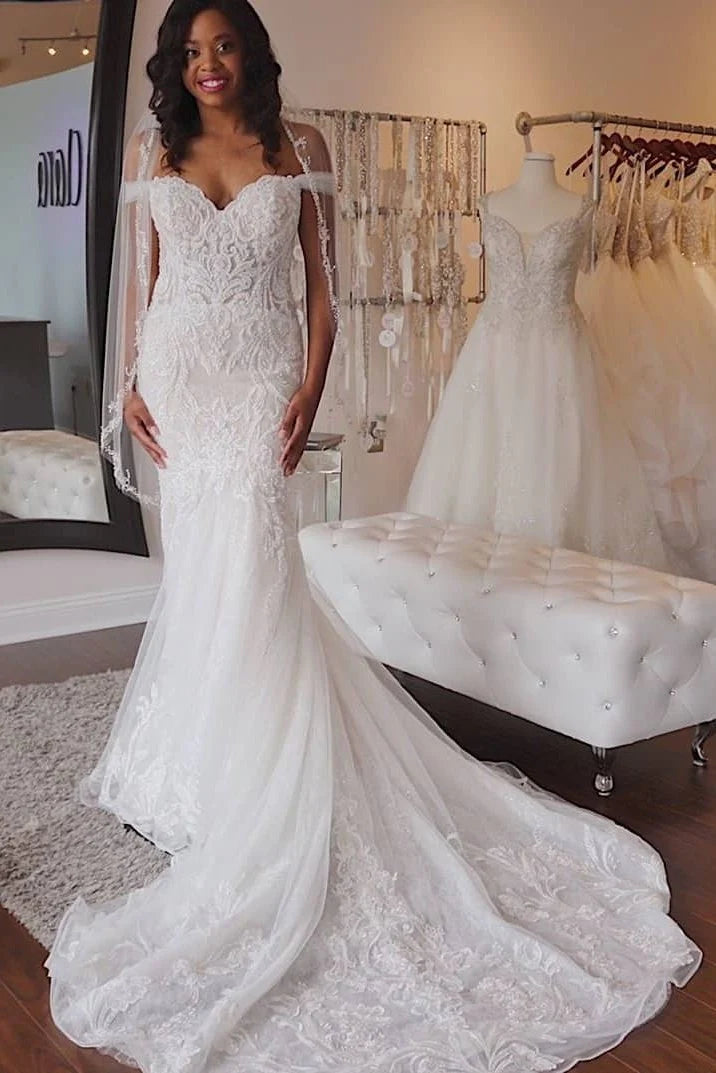 Off The Shoulder Long Elegant Lace Sheath Wedding Dresses